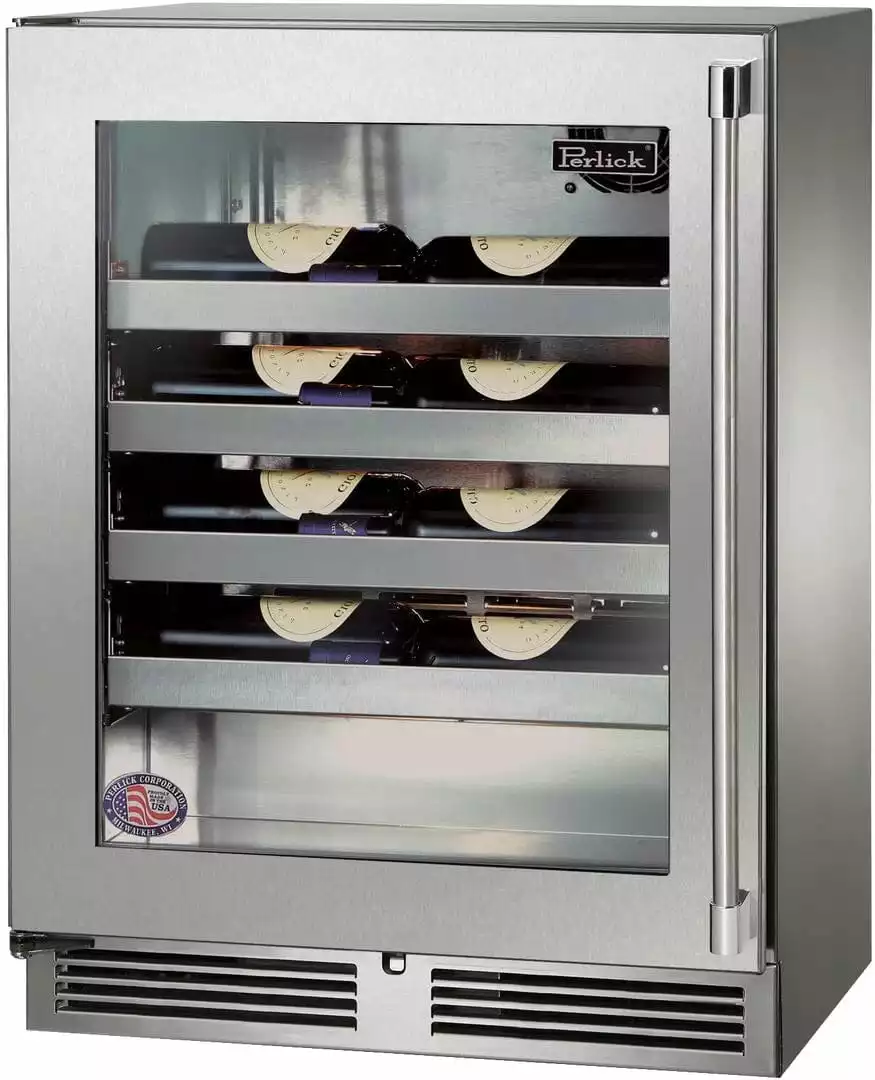 Perlick Signature Series Shallow Depth 18" Depth Outdoor Wine Reserve With Stainless Steel Glass Door, Hinge Left, With Lock HH24WO-4-3LL 1 Perlick Signature Series Shallow Depth 18" Depth Outdoor Wine Reserve With Stainless Steel Glass Door, Hinge Left, With Lock HH24WO-4-3LL